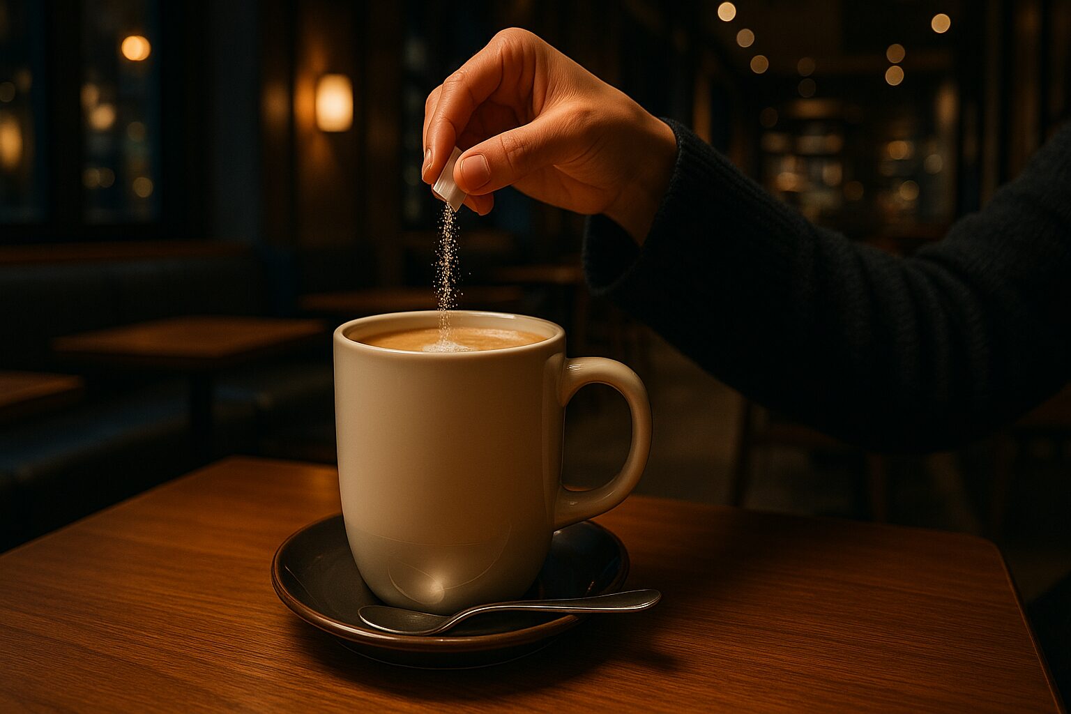 カフェオレに砂糖を入れている様子