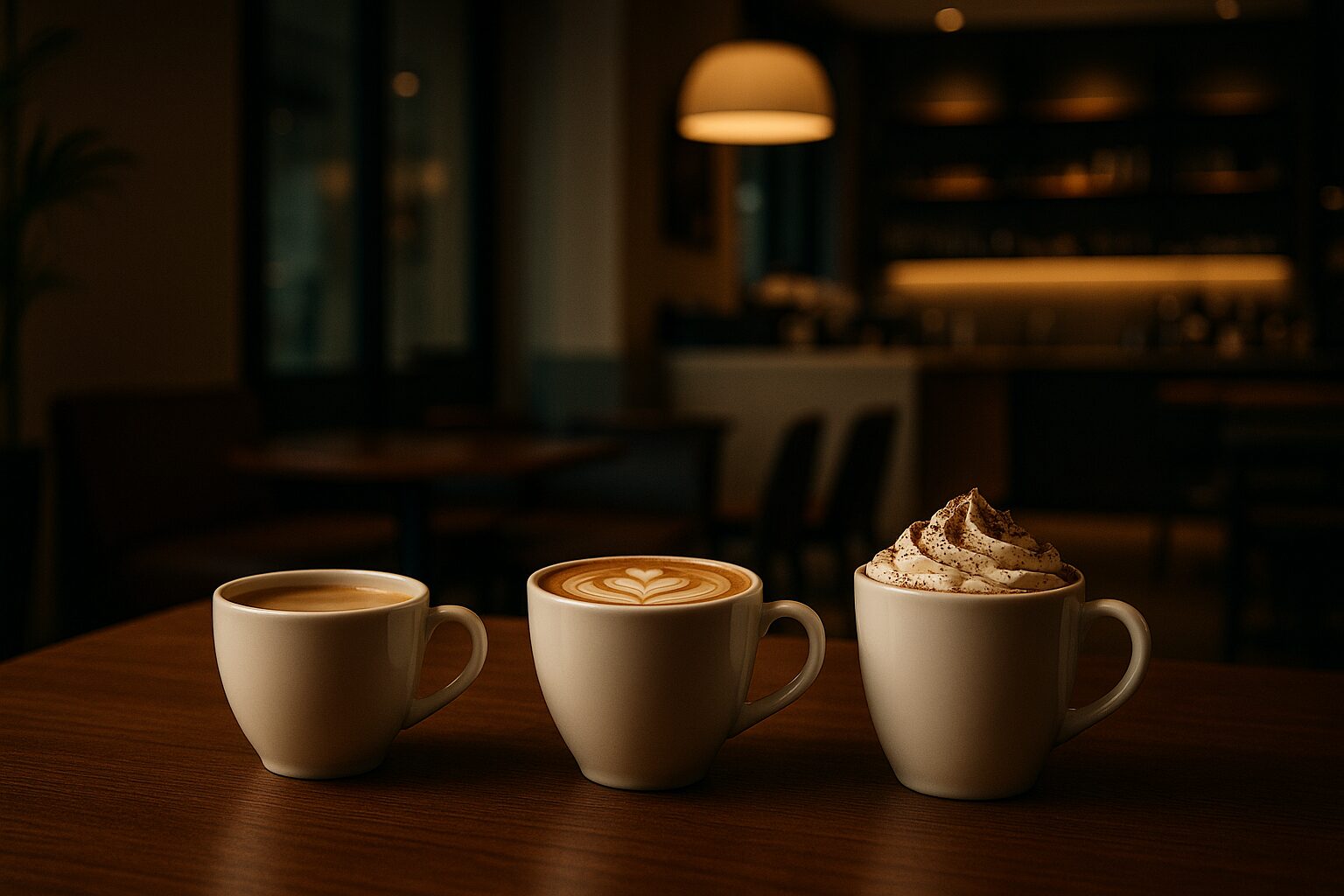 テーブルに置いてあるカフェオレ、カフェラテ、カフェモカ