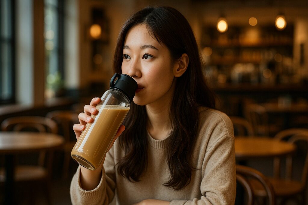 カフェオレを飲んでいる女性