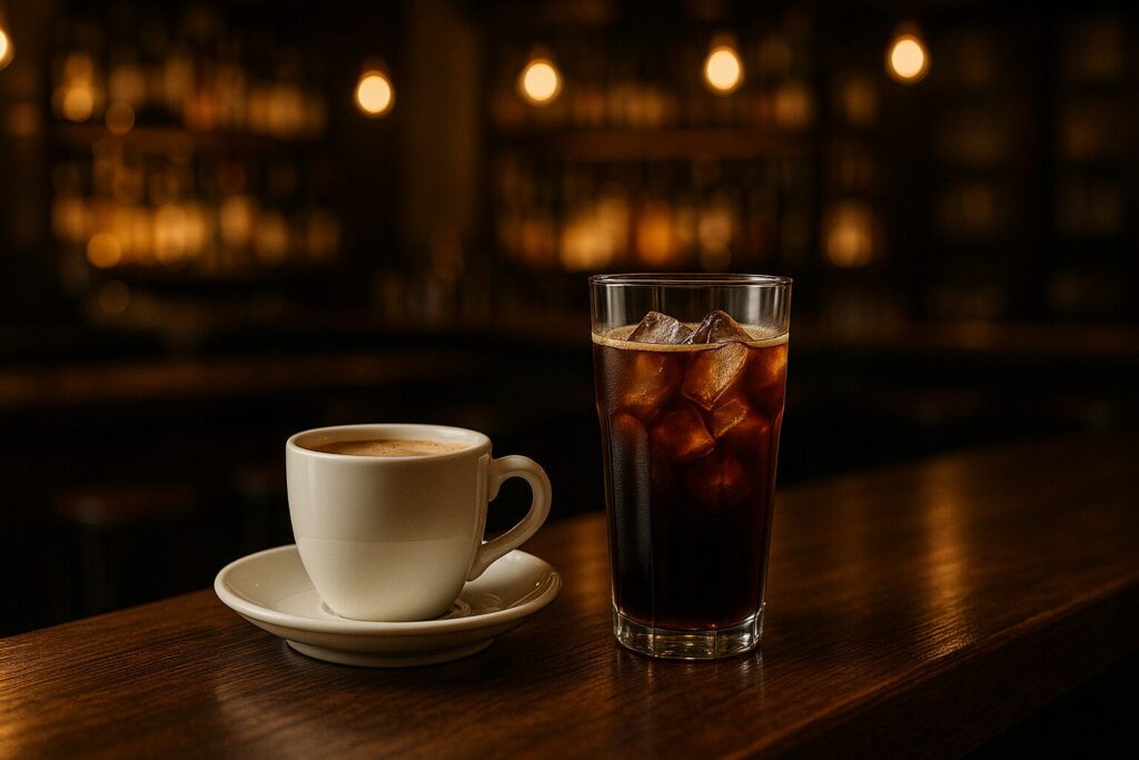 テーブルに置いてあるホットコーヒーとアイスコーヒー