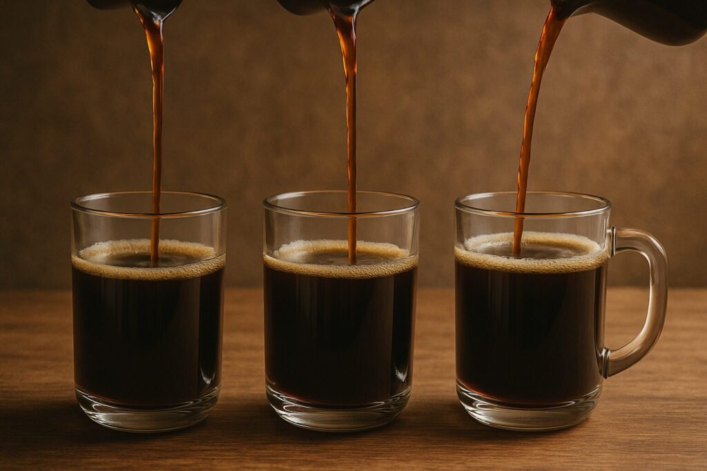 3つのグラスに注がれるコーヒー