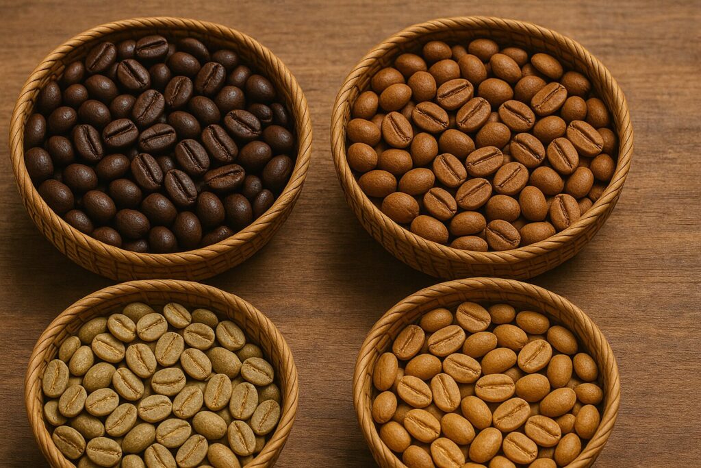 籠に入った4種類のコーヒー豆