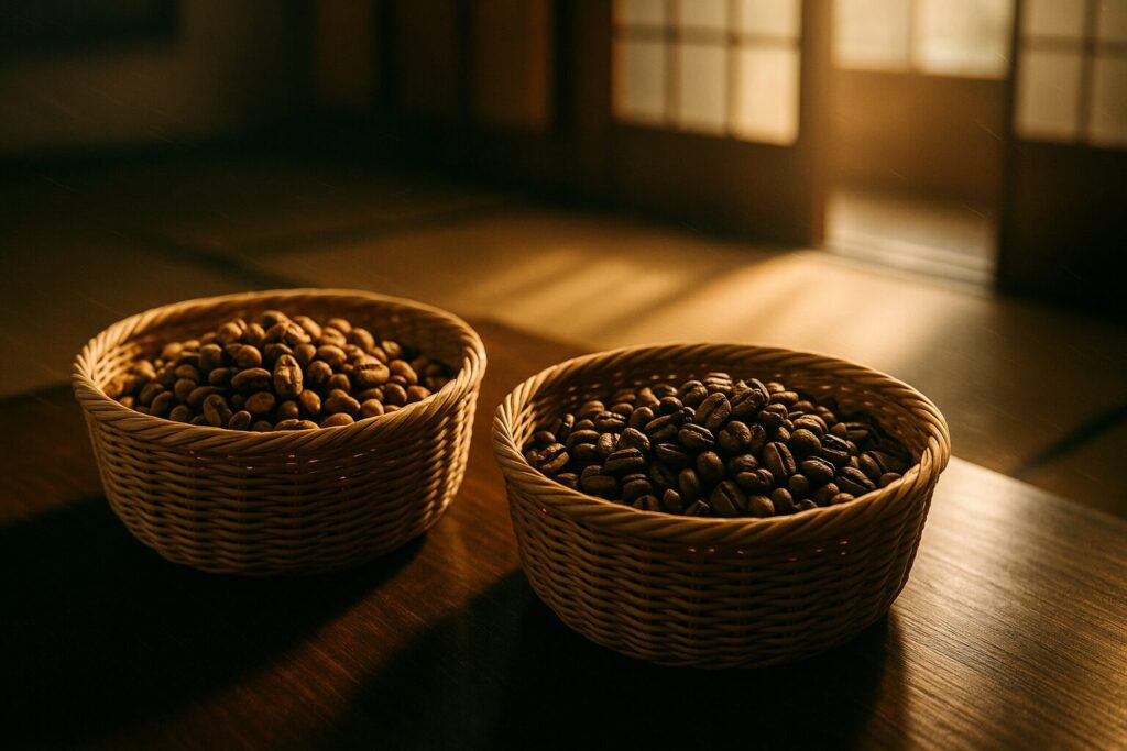 かごに入ったコピルアクとコーヒー豆