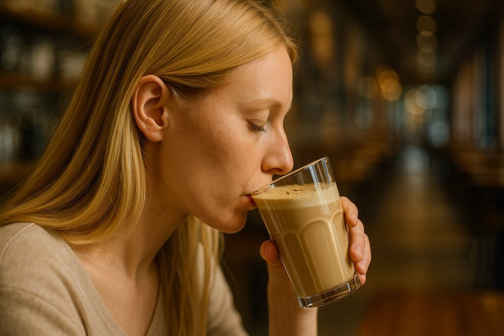 きな粉入りコーヒーを飲んでいる様子